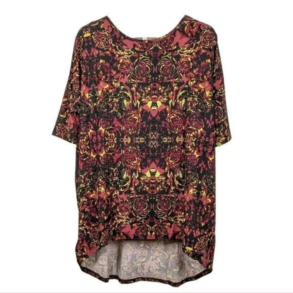 LuLaRoe Irma Tunic Size Large Funky Floral Black Pink Yellow Hi‑Low Hem